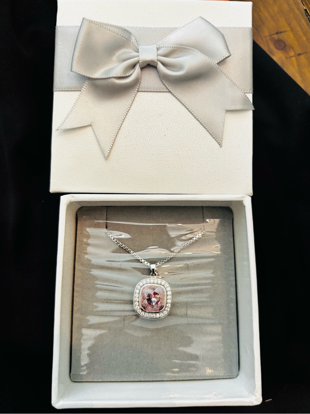 Swarovski Silver Necklace with Pink Cushion Halo Pendant - Picture 4 of 5